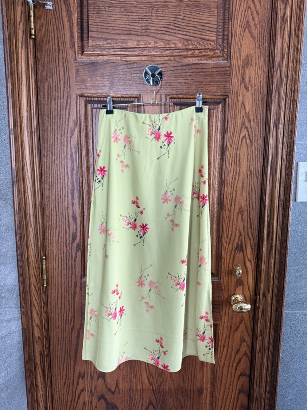 All Saints Pale Green Midi Skirt with Pink Floral Print